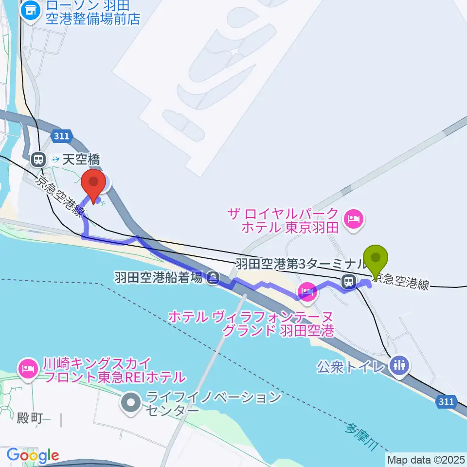 羽田空港第3ターミナル駅からZepp羽田へのルートマップ地図