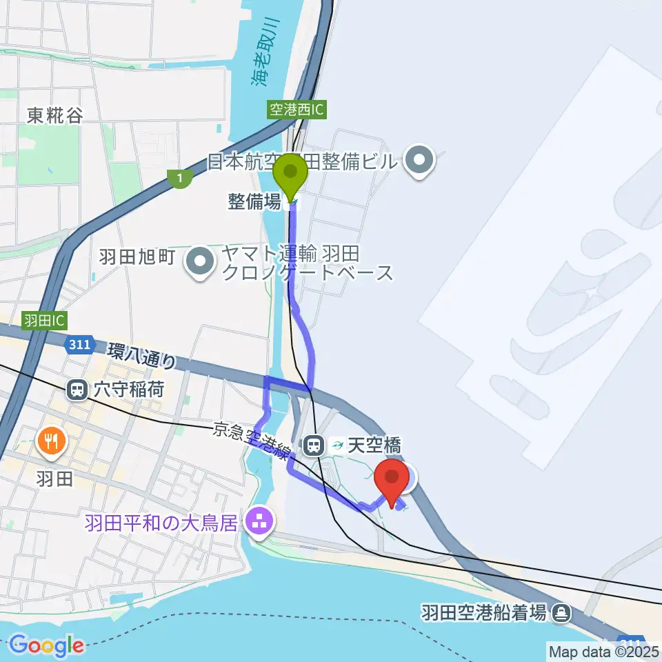 整備場駅からZepp羽田へのルートマップ地図