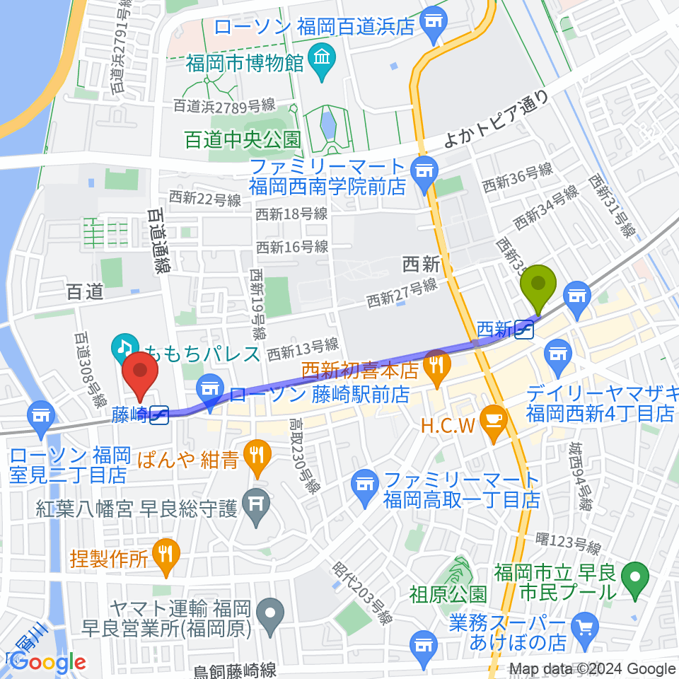 西新駅から福岡市立早良市民センターへのルートマップ地図