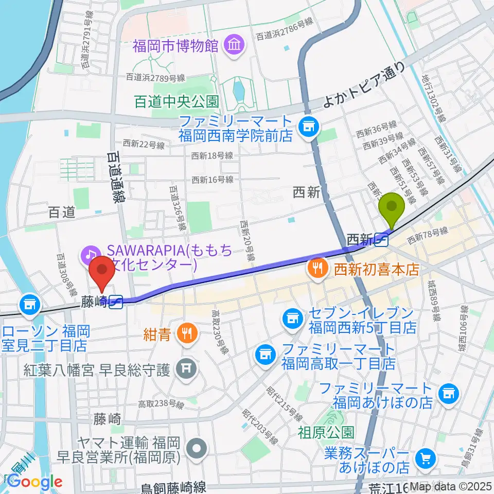 西新駅から福岡市立早良市民センターへのルートマップ地図