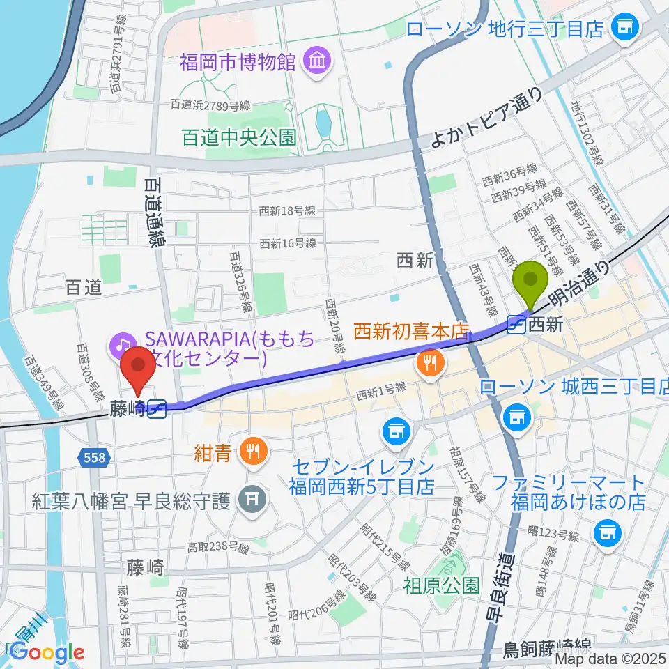 西新駅から福岡市立早良市民センターへのルートマップ地図