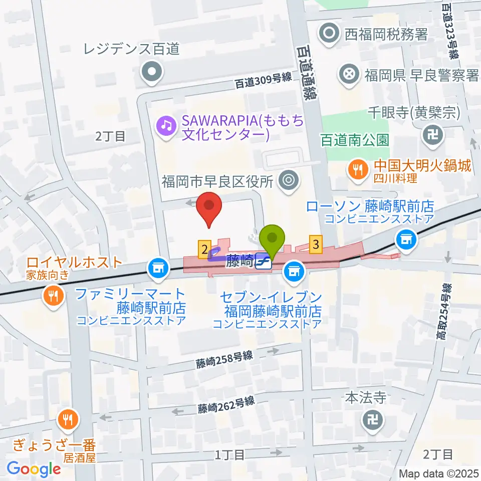 福岡市立早良市民センターの最寄駅藤崎駅からの徒歩ルート（約1分）地図