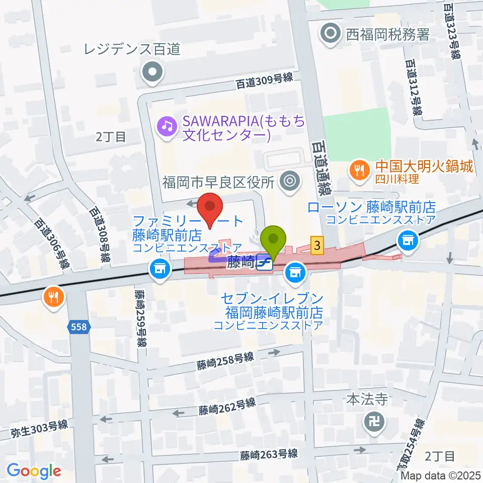 福岡市立早良市民センターの最寄駅藤崎駅からの徒歩ルート（約1分）地図