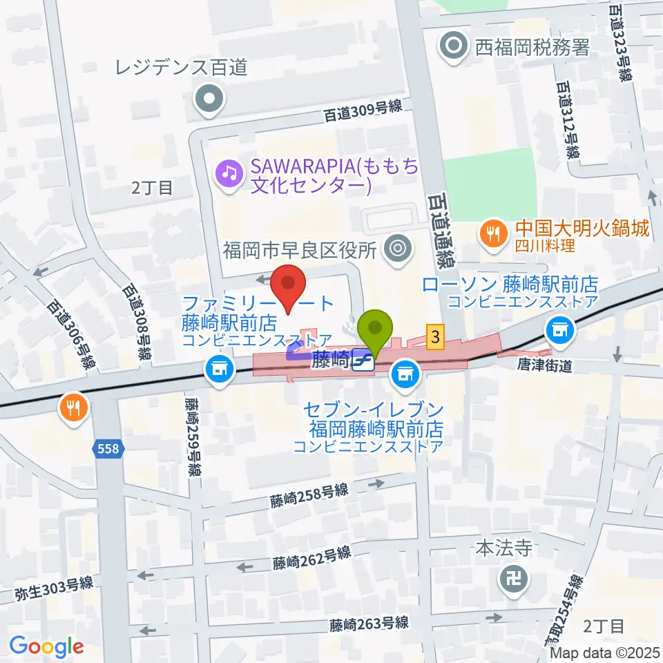 福岡市立早良市民センターの最寄駅藤崎駅からの徒歩ルート（約1分）地図