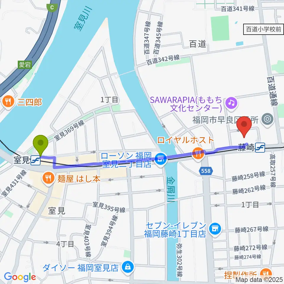 室見駅から福岡市立早良市民センターへのルートマップ地図