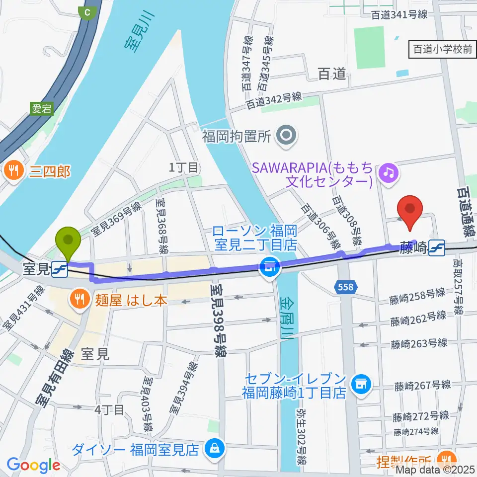 室見駅から福岡市立早良市民センターへのルートマップ地図