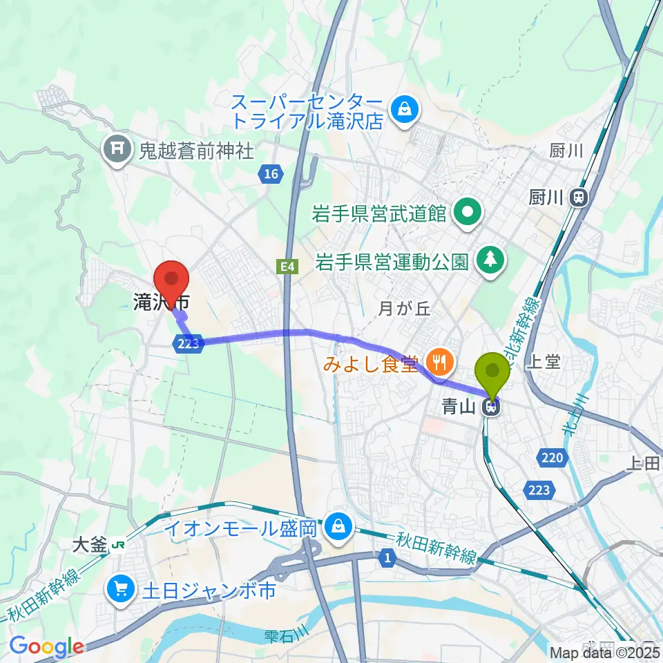 青山駅からビッグルーフ滝沢へのルートマップ地図
