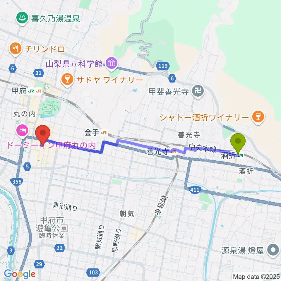 酒折駅から甲府SPACE101へのルートマップ地図