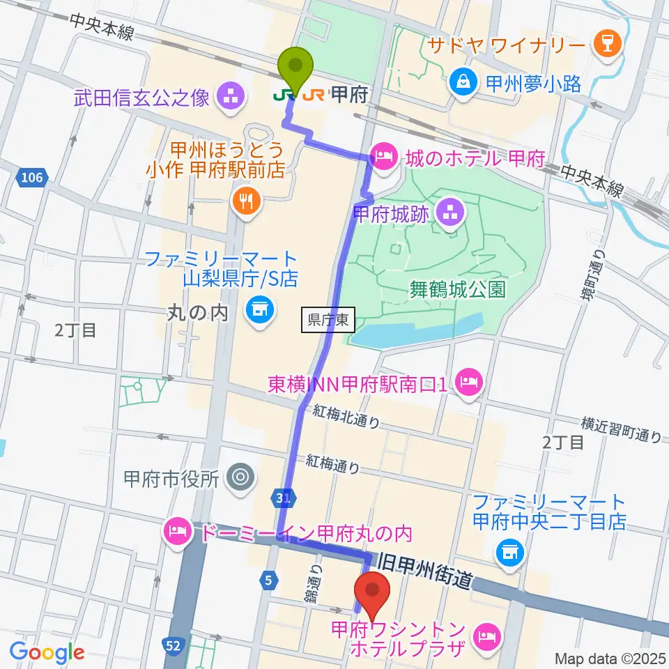 甲府SPACE101の最寄駅甲府駅からの徒歩ルート（約12分）地図