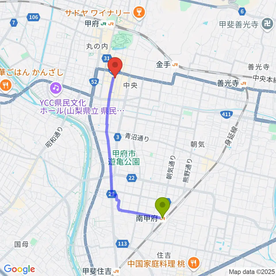 南甲府駅から甲府SPACE101へのルートマップ地図