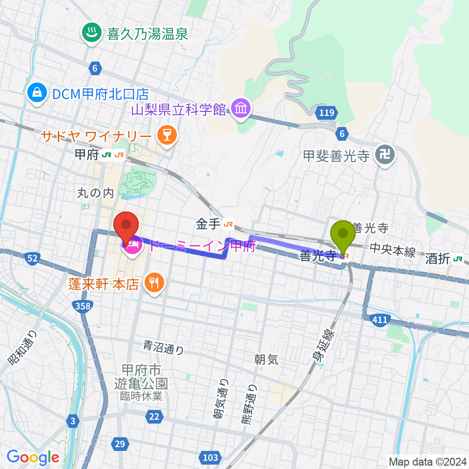 善光寺駅から甲府SPACE101へのルートマップ地図