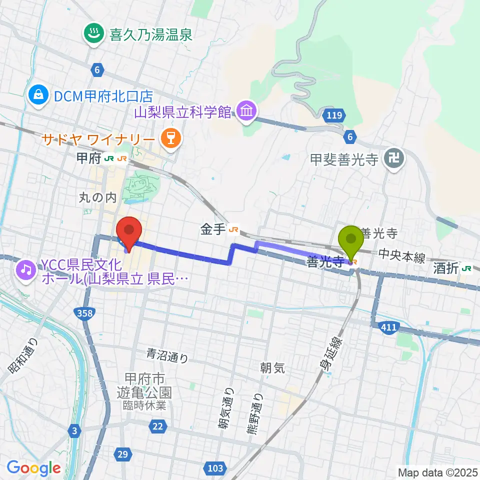 善光寺駅から甲府SPACE101へのルートマップ地図