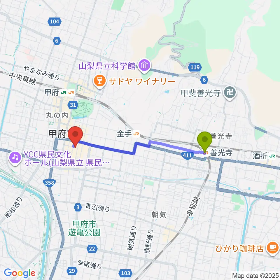 善光寺駅から甲府SPACE101へのルートマップ地図
