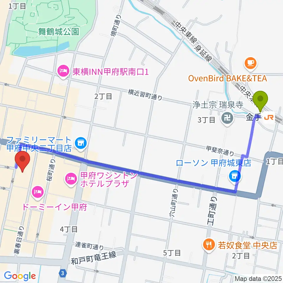 金手駅から甲府SPACE101へのルートマップ地図