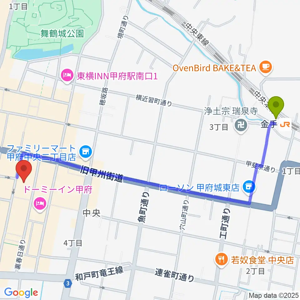 金手駅から甲府SPACE101へのルートマップ地図
