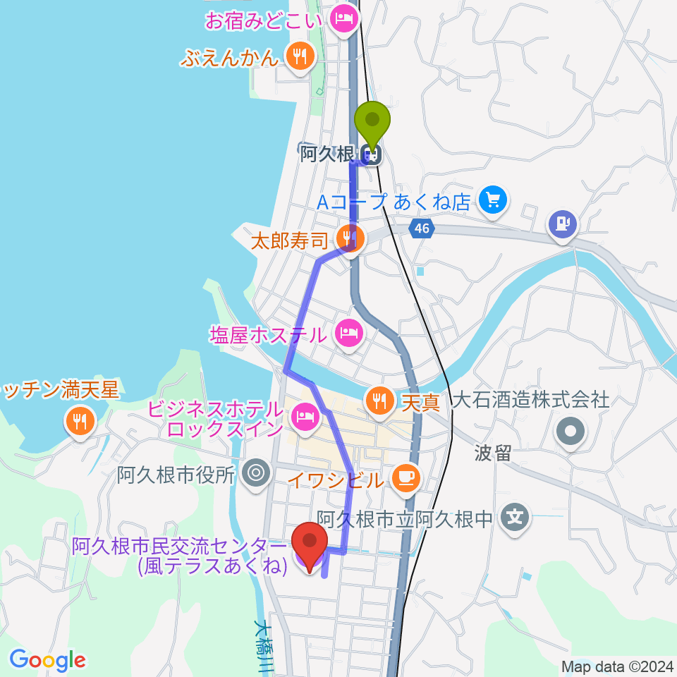 阿久根市民交流センター 風テラスあくねの最寄駅阿久根駅からの徒歩ルート（約20分）地図