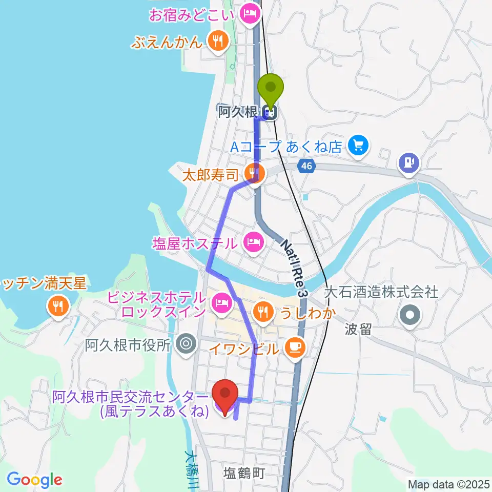 阿久根市民交流センター 風テラスあくねの最寄駅阿久根駅からの徒歩ルート（約20分）地図