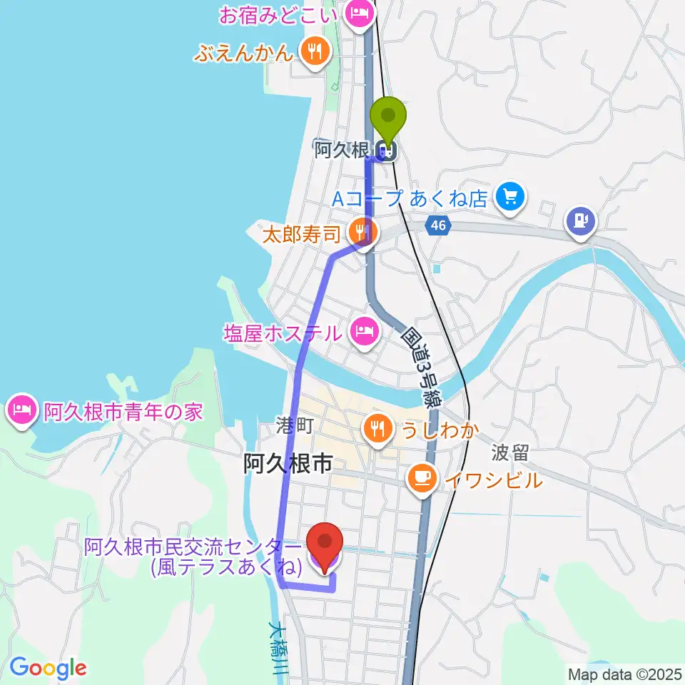 阿久根市民交流センター 風テラスあくねの最寄駅阿久根駅からの徒歩ルート（約20分）地図