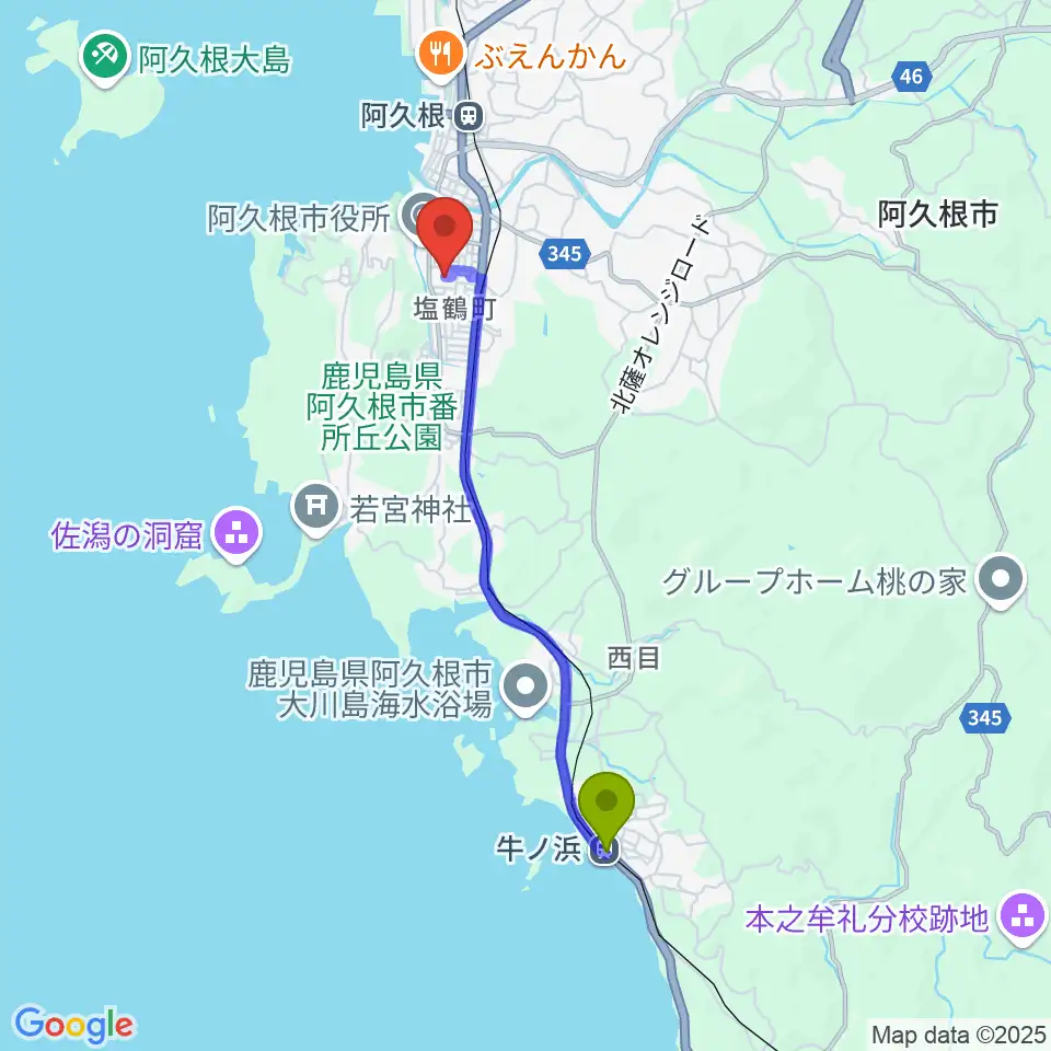 牛ノ浜駅から阿久根市民交流センター 風テラスあくねへのルートマップ地図
