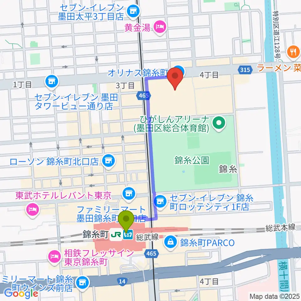 TOHOシネマズ錦糸町オリナスの最寄駅錦糸町駅からの徒歩ルート（約8分）地図