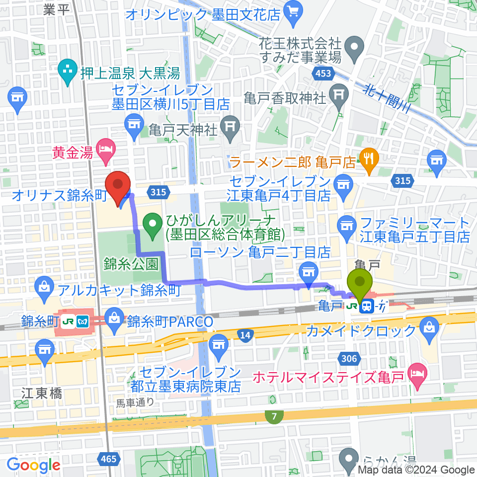 亀戸駅からTOHOシネマズ錦糸町オリナスへのルートマップ地図