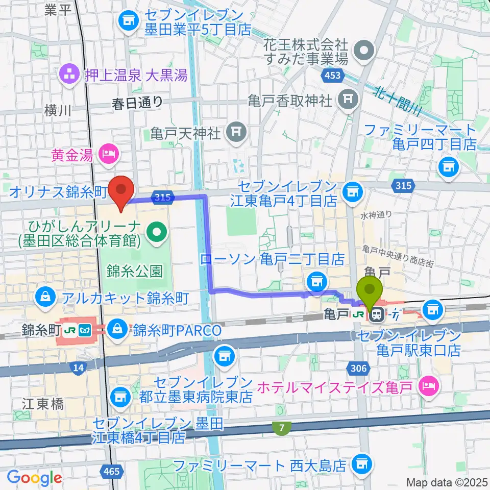 亀戸駅からTOHOシネマズ錦糸町オリナスへのルートマップ地図