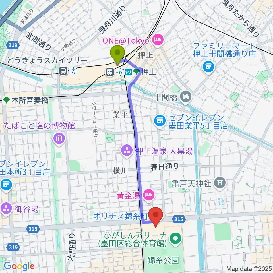 押上〈スカイツリー前〉駅からTOHOシネマズ錦糸町オリナスへのルートマップ地図