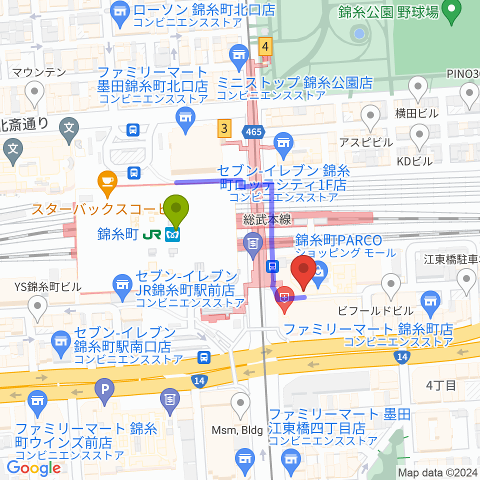 TOHOシネマズ錦糸町楽天地の最寄駅錦糸町駅からの徒歩ルート（約2分）地図
