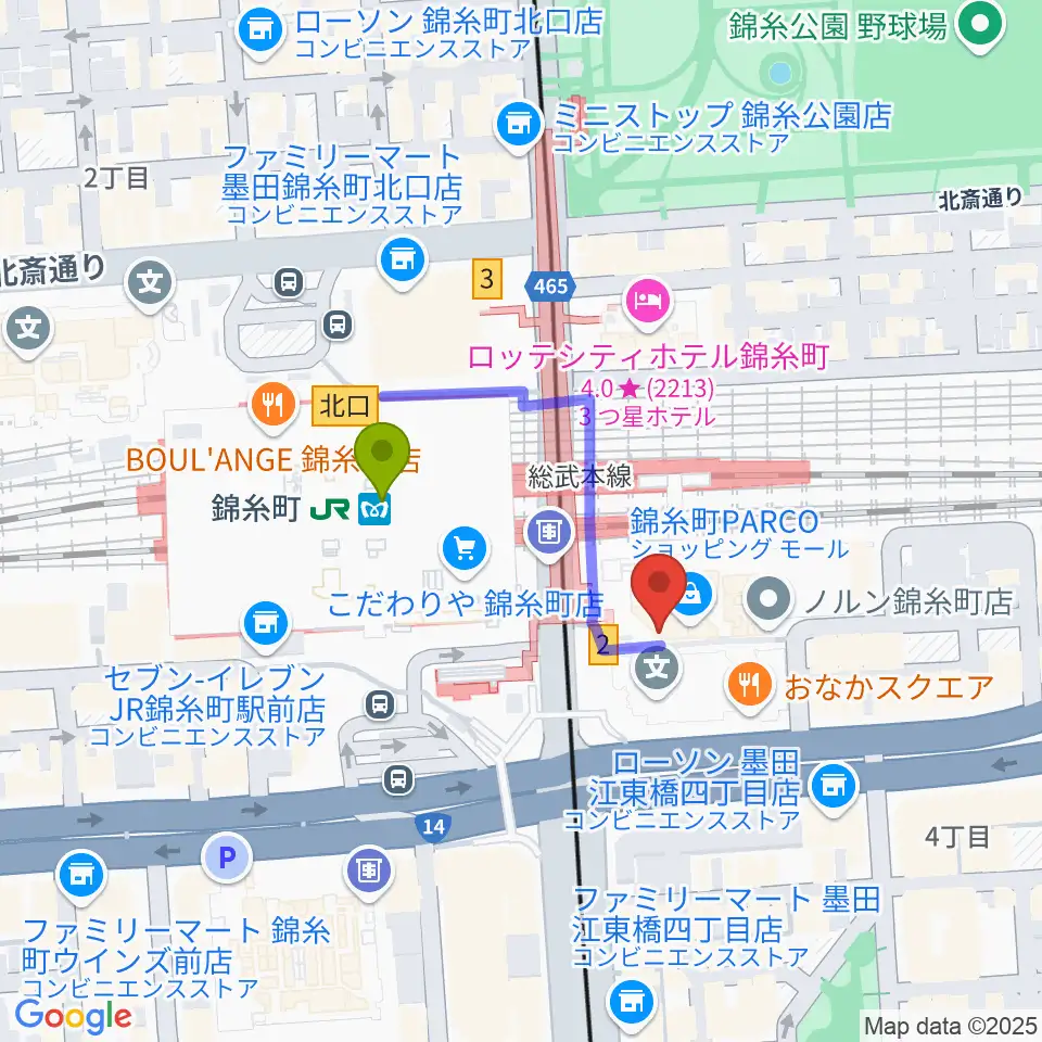 TOHOシネマズ錦糸町楽天地の最寄駅錦糸町駅からの徒歩ルート（約2分）地図