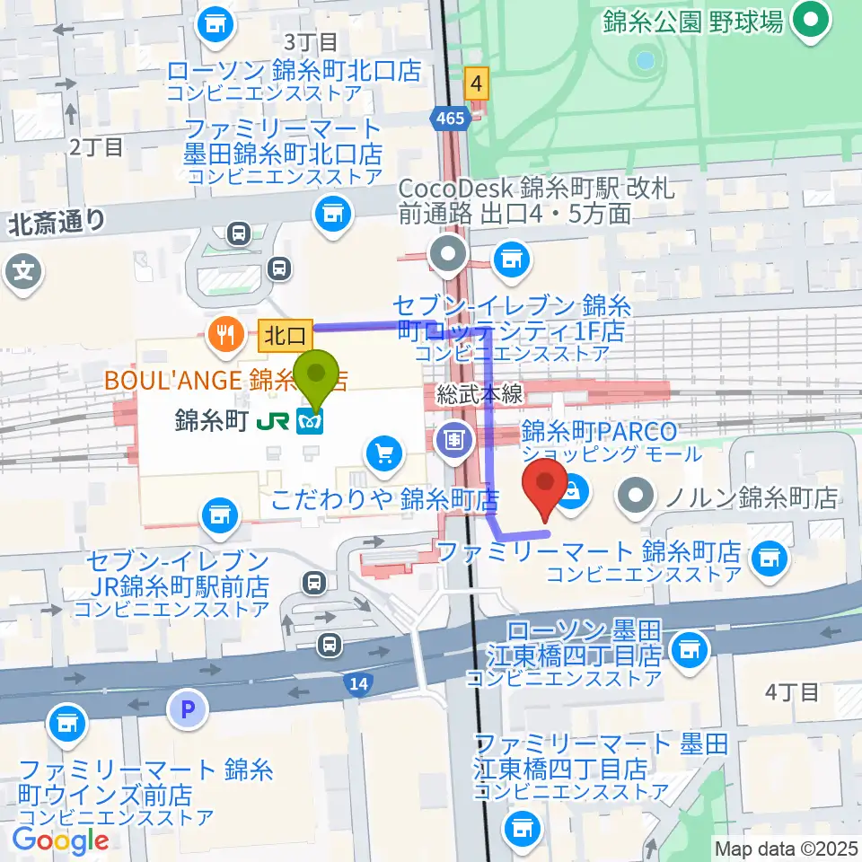 TOHOシネマズ錦糸町楽天地の最寄駅錦糸町駅からの徒歩ルート（約2分）地図