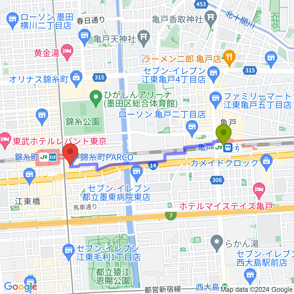 亀戸駅からTOHOシネマズ錦糸町楽天地へのルートマップ地図