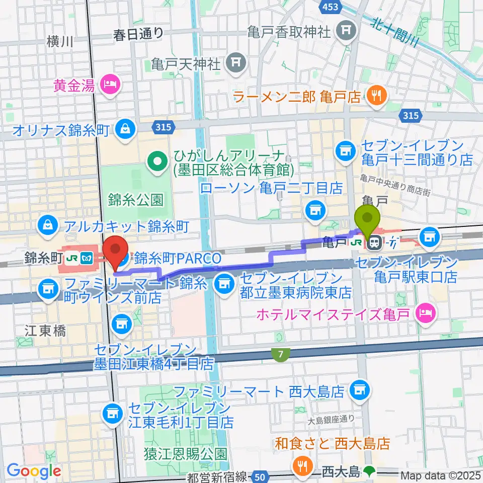 亀戸駅からTOHOシネマズ錦糸町楽天地へのルートマップ地図