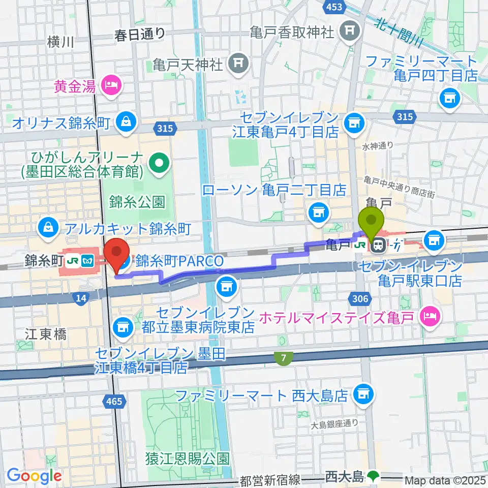 亀戸駅からTOHOシネマズ錦糸町楽天地へのルートマップ地図