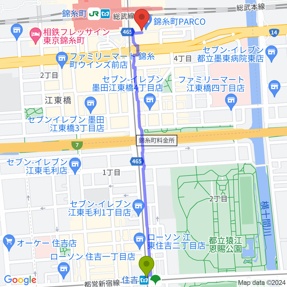 住吉駅からTOHOシネマズ錦糸町楽天地へのルートマップ地図