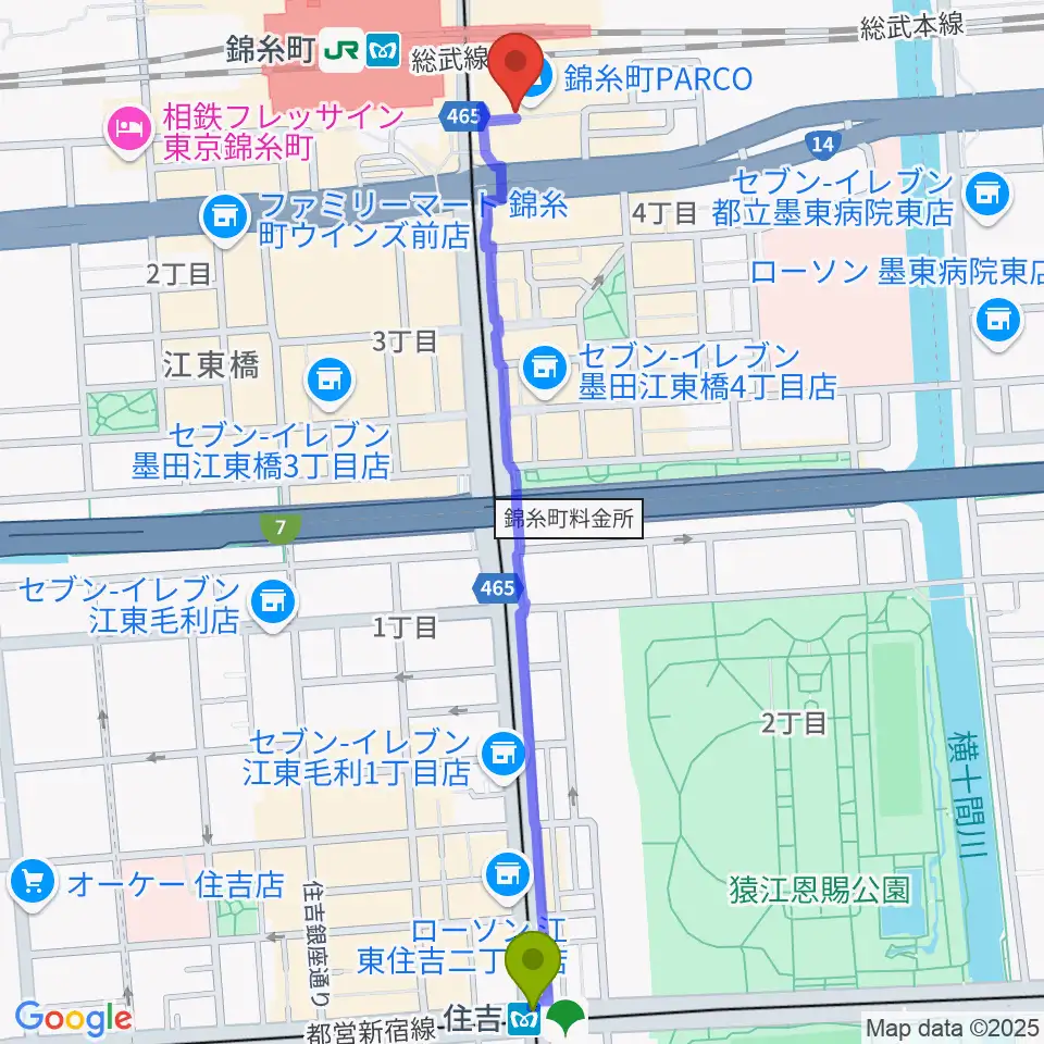 住吉駅からTOHOシネマズ錦糸町楽天地へのルートマップ地図