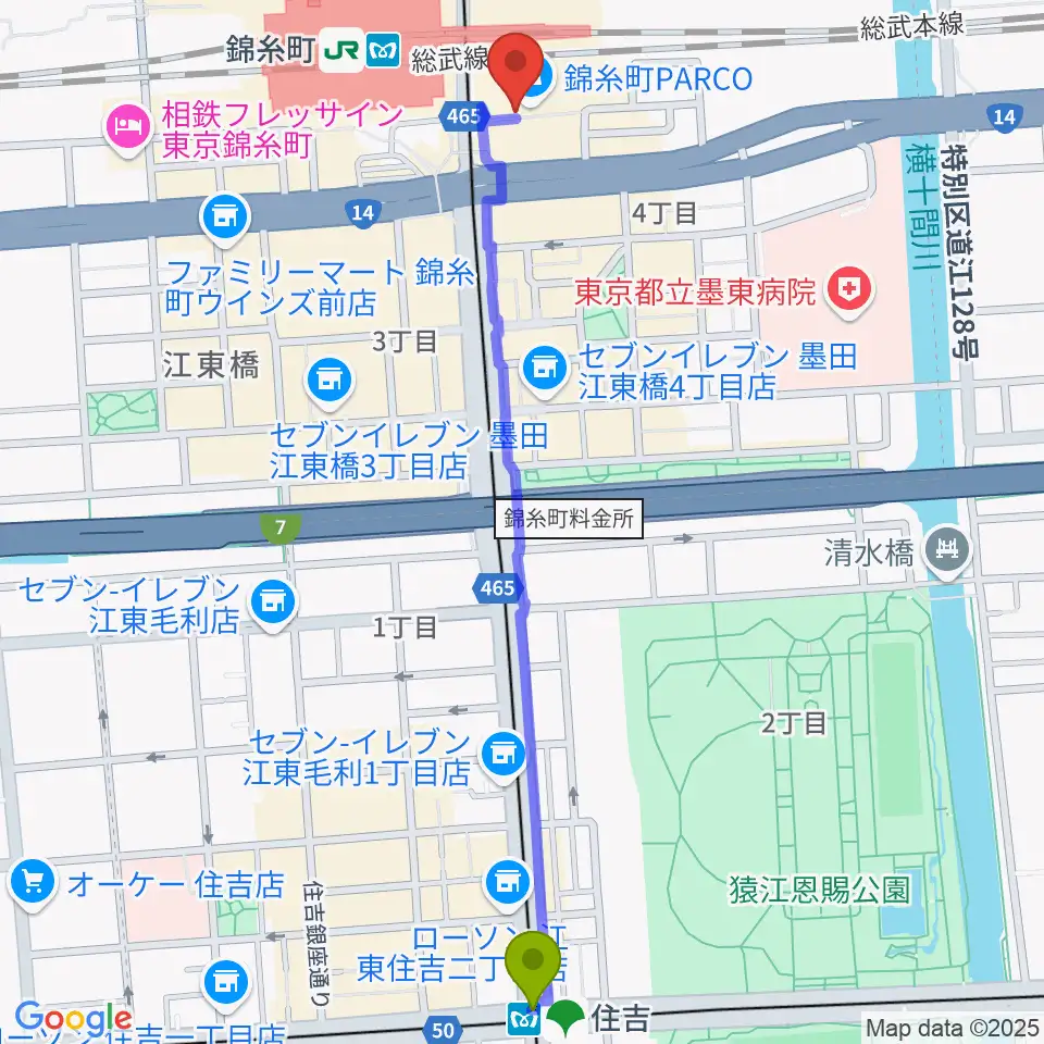 住吉駅からTOHOシネマズ錦糸町楽天地へのルートマップ地図