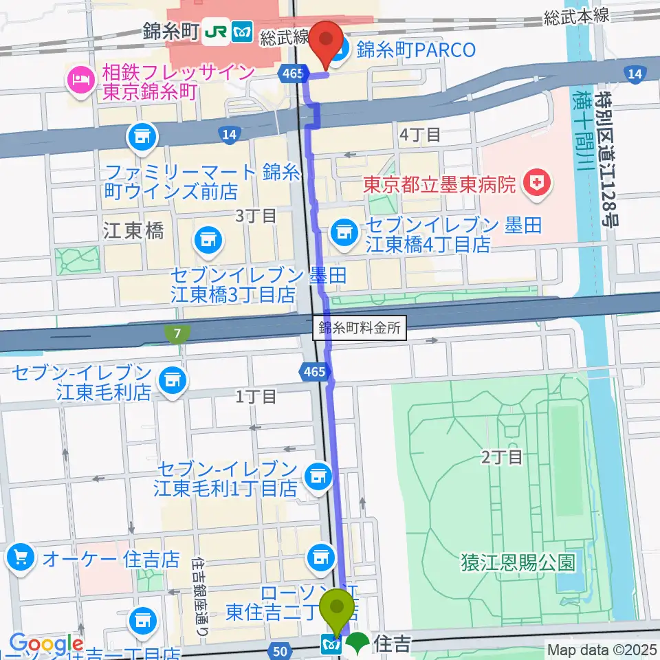 住吉駅からTOHOシネマズ錦糸町楽天地へのルートマップ地図