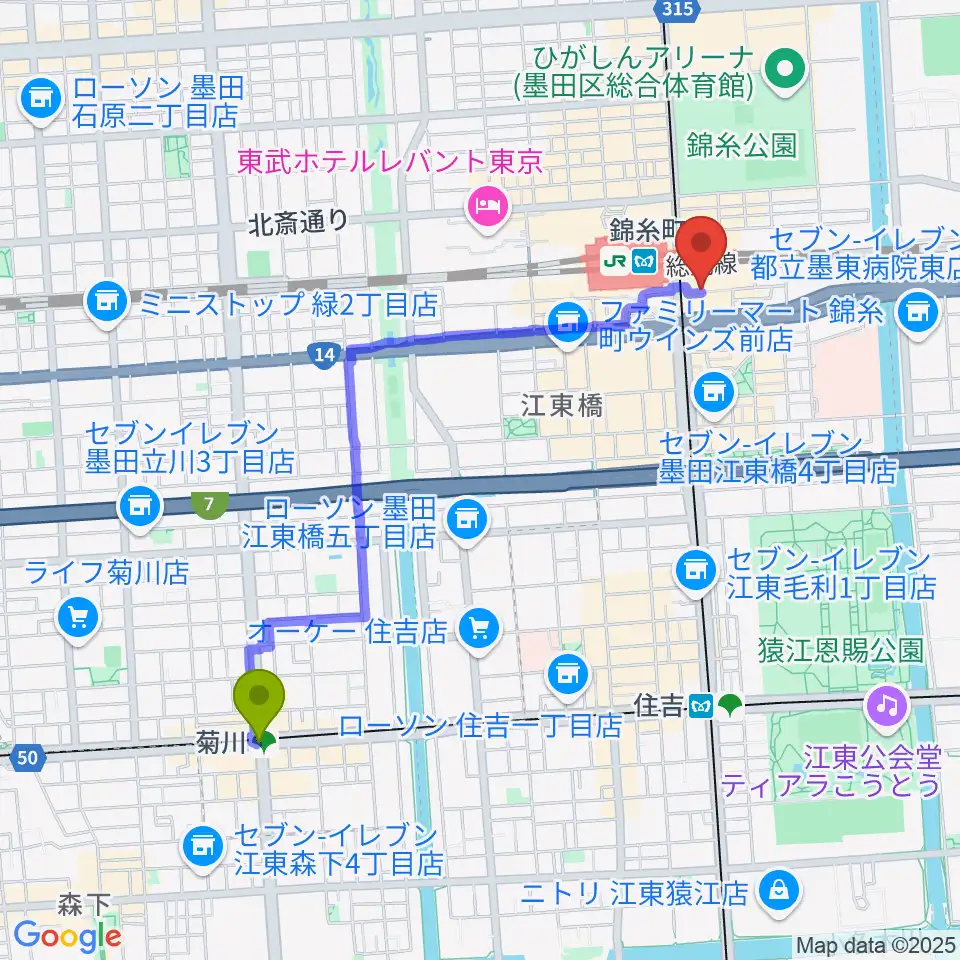 菊川駅からTOHOシネマズ錦糸町楽天地へのルートマップ地図