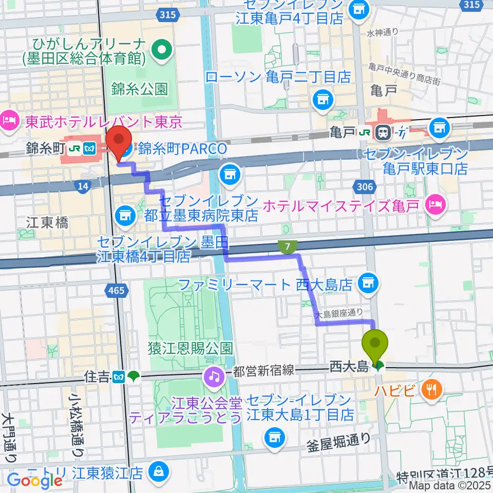 西大島駅からTOHOシネマズ錦糸町楽天地へのルートマップ地図