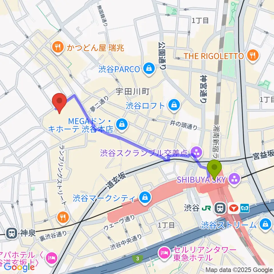 渋谷駅からル・シネマへのルートマップ地図