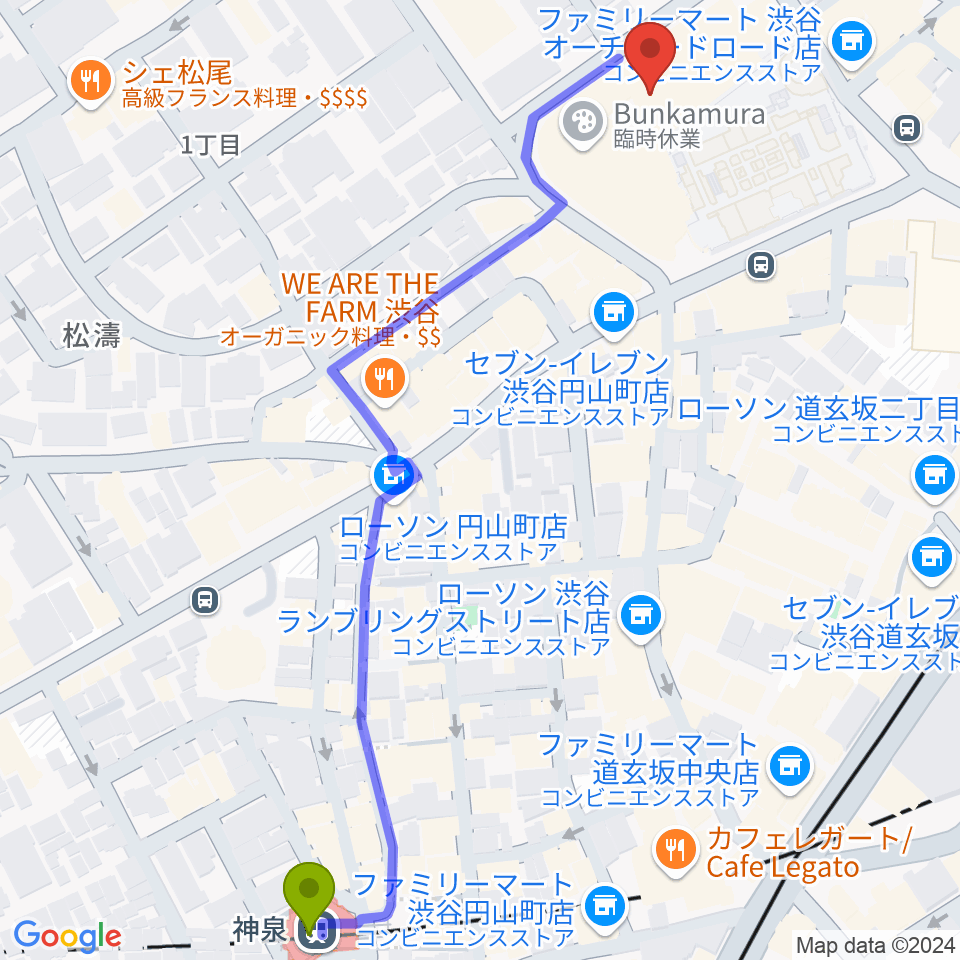 ル・シネマの最寄駅神泉駅からの徒歩ルート（約7分）地図