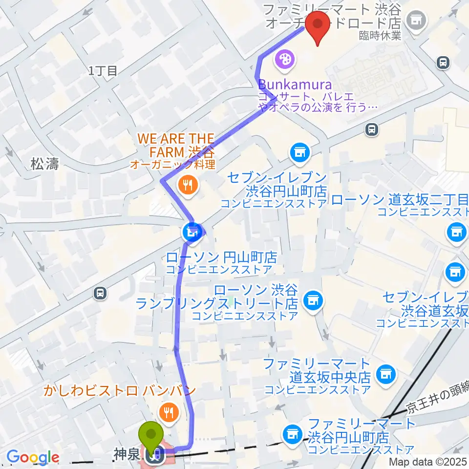 ル・シネマの最寄駅神泉駅からの徒歩ルート（約7分）地図