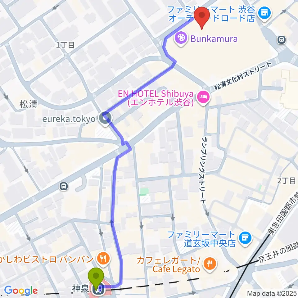 ル・シネマの最寄駅神泉駅からの徒歩ルート（約7分）地図