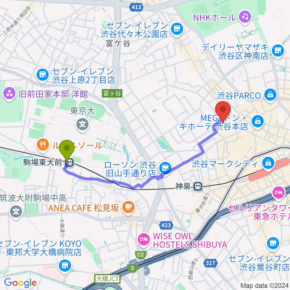 駒場東大前駅からル・シネマへのルートマップ地図