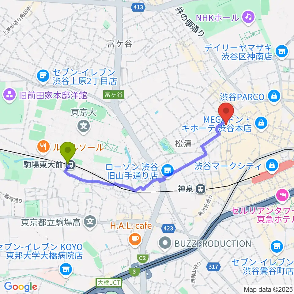 駒場東大前駅からル・シネマへのルートマップ地図