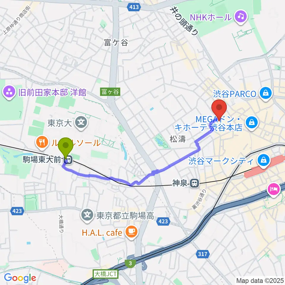 駒場東大前駅からル・シネマへのルートマップ地図