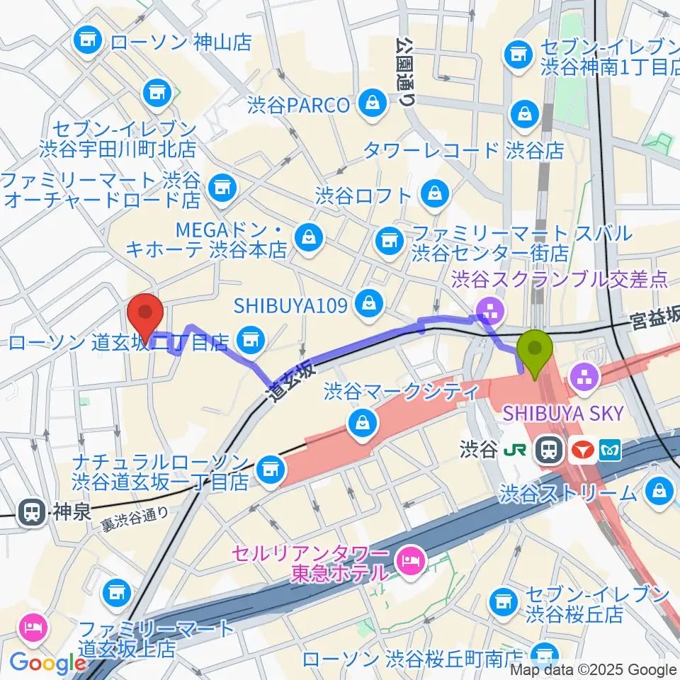 渋谷駅から渋谷ユーロスペースへのルートマップ地図
