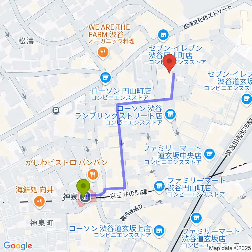 渋谷ユーロスペースの最寄駅神泉駅からの徒歩ルート（約5分）地図