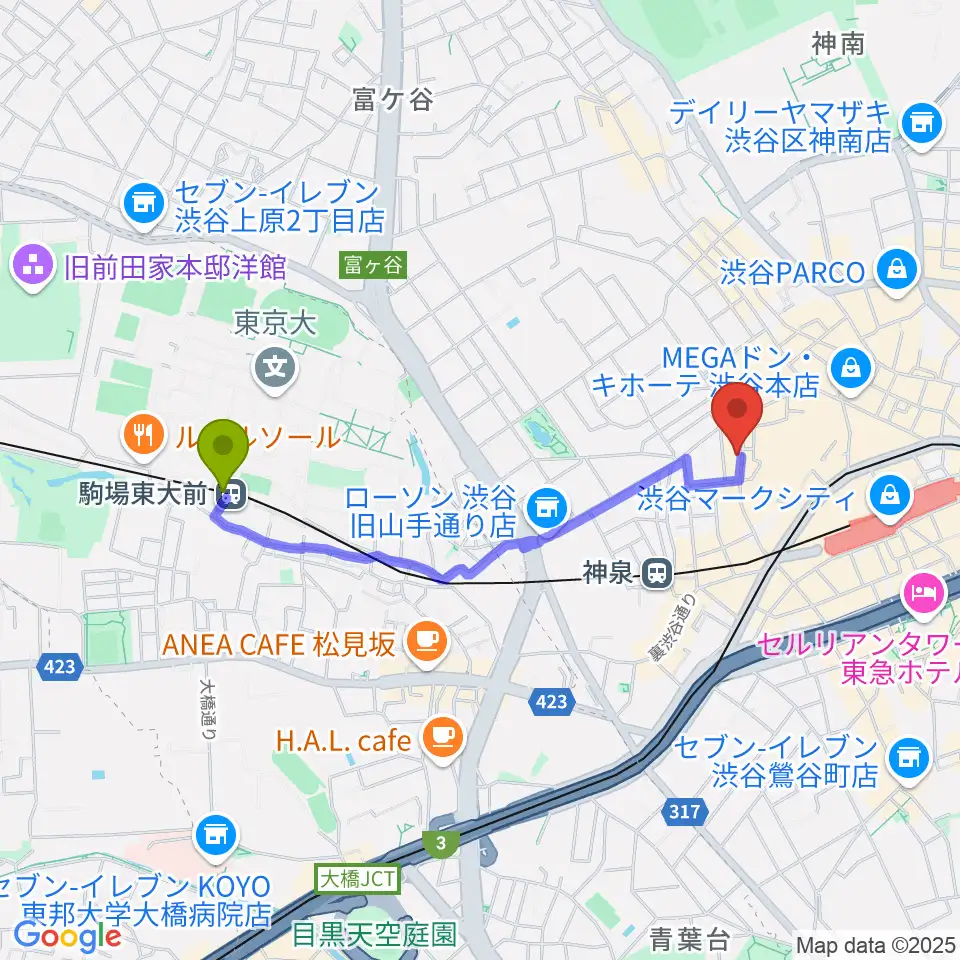 駒場東大前駅から渋谷ユーロスペースへのルートマップ地図