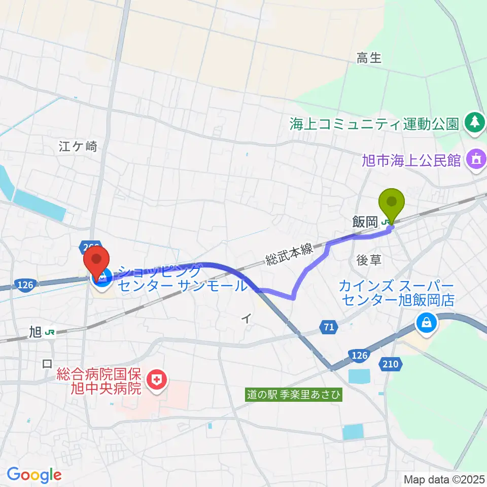 飯岡駅から旭サンモールシネマへのルートマップ地図